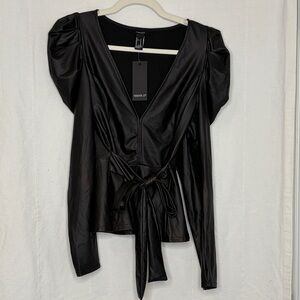 Forever 21 Black Liquid Skin Puff Sleeve Wrap Top with Tie
